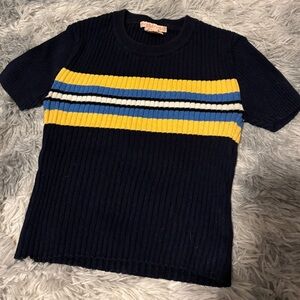 Urban Outfitters Stretch Blue Striped Short Sleeve Cropped Sweater